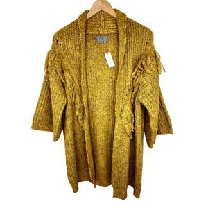 NWT Anthropologie Women's Mustard Yellow Fringed Boho Knit Kimono Sweater OS